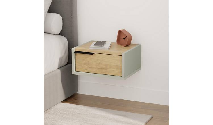 Decortie Eco Particleboard Wall-Mounted Bedside Shelf - Sage Green & Oak