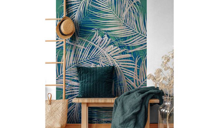 Grandeco XL Palm Leaves 3 lane Repeatable Textured Wallpaper Mural  - Green