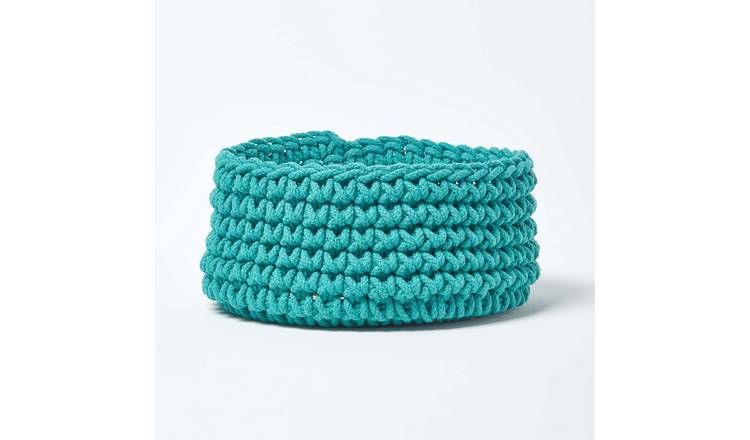 Homescapes Cotton Knitted Round Storage Basket - 37 × 21 cm - Teal Green