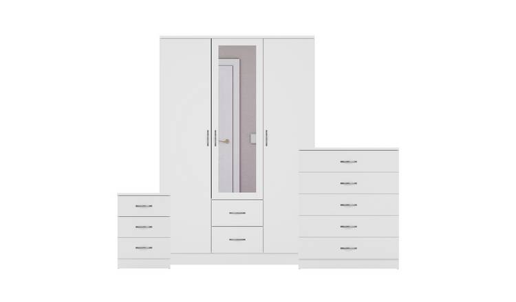 Vida Designs Riano Bedroom Set (Bedside, 5 Drawer Chest, Mirror Wardrobe)- White