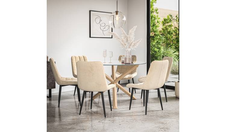 Furniture Online Malvern Nova Glass Top Dining Table & 6 Beige Chairs