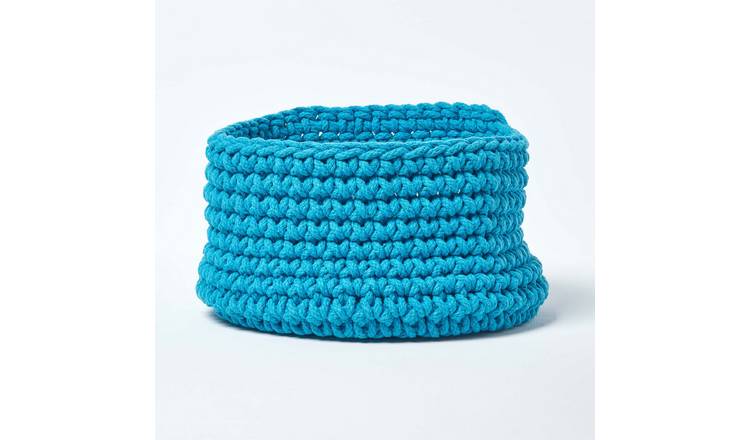 Homescapes Cotton Knitted Round Storage Basket - 37 × 21 cm - Teal Blue