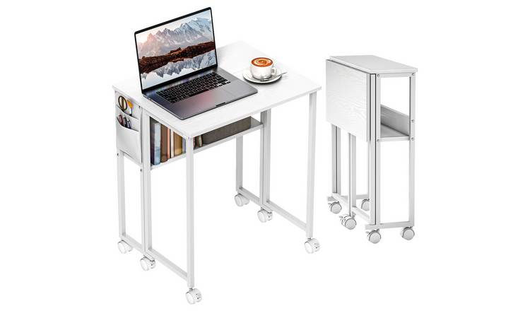HOMCOM Foldable Office Desk with Wheels - White