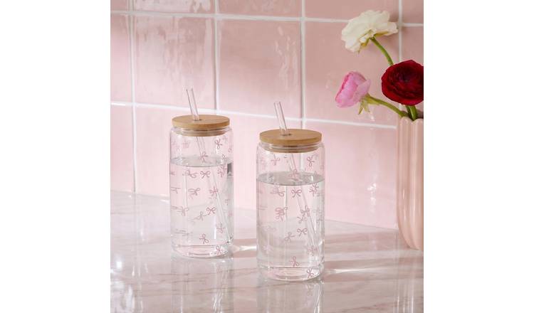 OHS Bow Print Plastic Drinking Jars with Bamboo Lids - 2 Pack