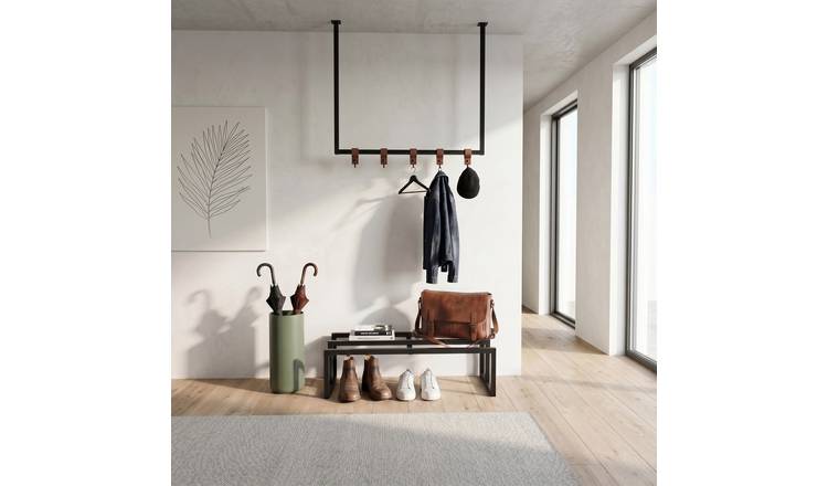 Decortie Roya Metal Hallway Coat Rack & Shoe Bench Set - Black