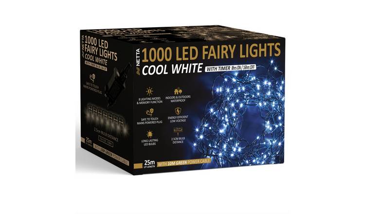 NETTA 1000 LED 25m Christmas Fairy String Lights with Timer - Cool White