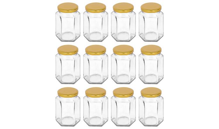 Argon Tableware Hexagonal Glass Jam Jars with Gold Lids - Pack of 12