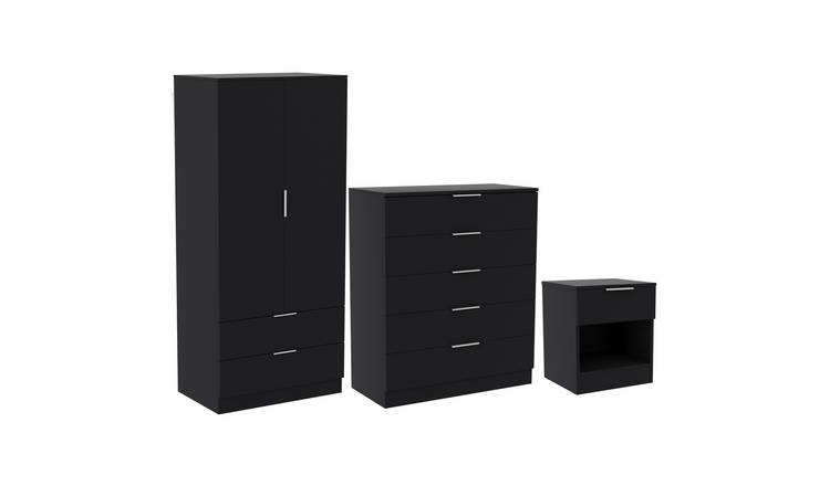 Vida Designs Trega Bedroom Set (Bedside, 5 Drawer Chest, 2x2 Wardrobe) - Black