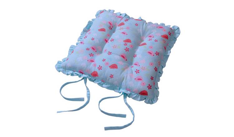 Homescapes Reversible Blue Frilled Cushion Seat Pad with Ties Birds & Flowers