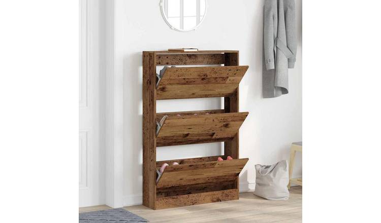 Walplus Engineered Wood Shoe Cabinet - Old Wood - 80 x 21 x 125.5 cm