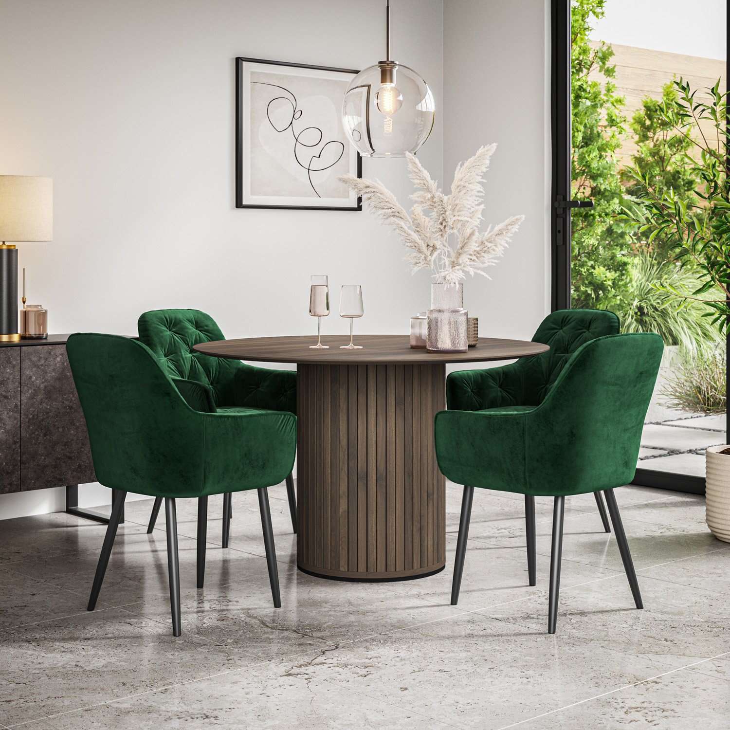Furniture Online Arlo Anika Walnut Top w Wal Legs Dining Table & 4 Green Chairs - Image 1