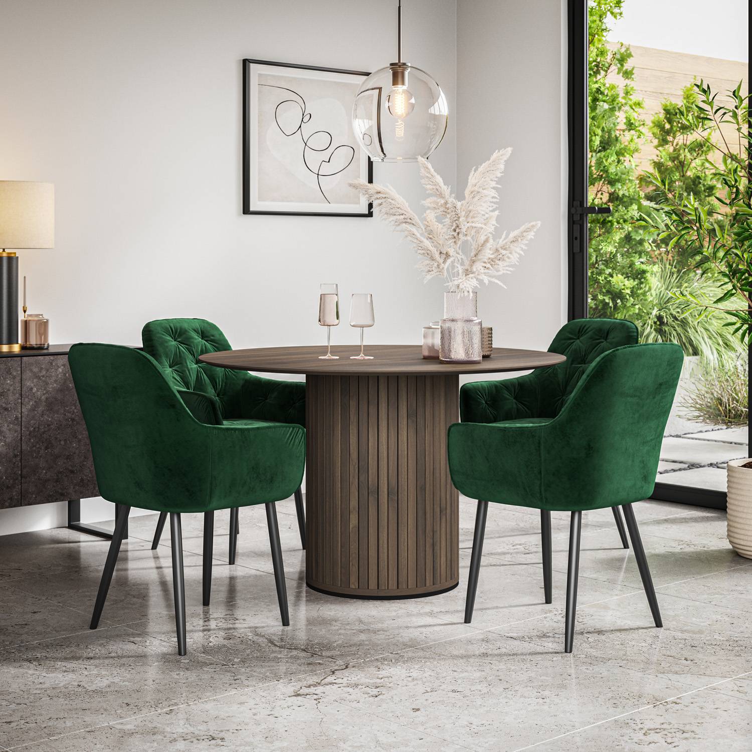 Furniture Online Arlo Anika Walnut Top w Wal Legs Dining Table & 4 Green Chairs - Image 1