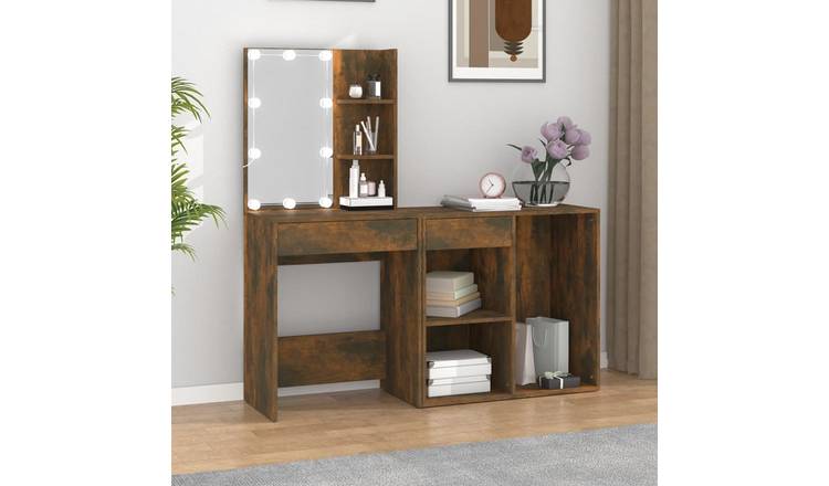 Walplus Engineered Wood LED Dressing Table with Cabinet - Smoked Oak