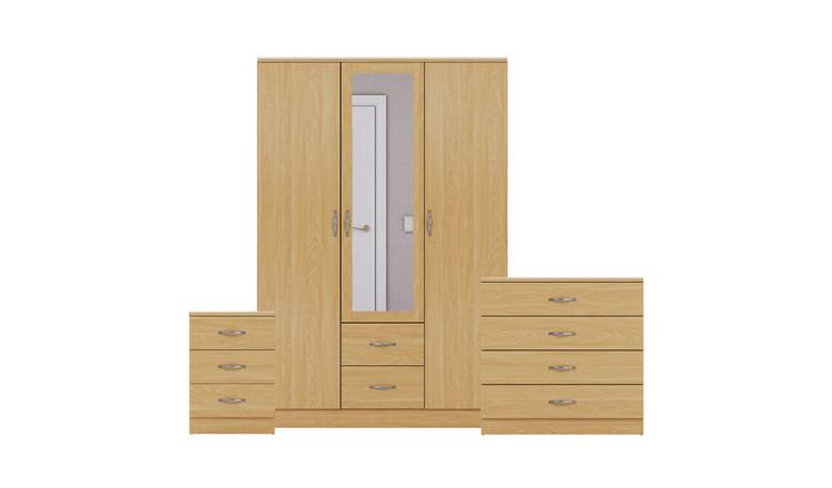 Vida Designs Riano Bedroom Set (Bedside, 4 Drawer Chest, Mirror Wardrobe) - Pine