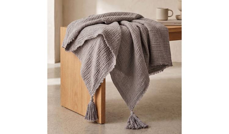 Homescapes Pure Handmade Cotton Muslin Throw - 127 x 180 cm - Charcoal
