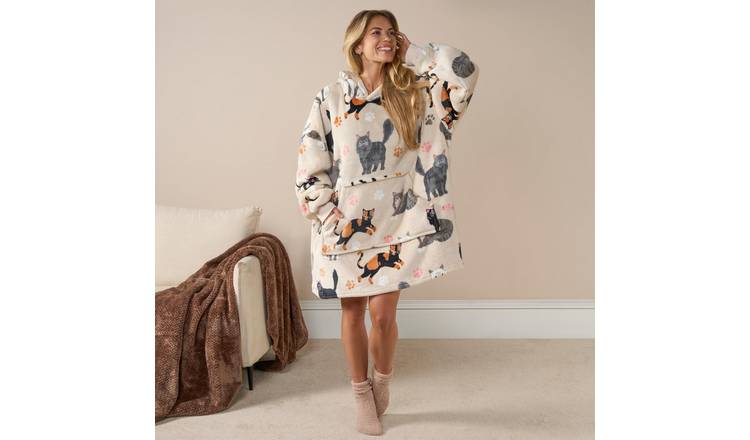 OHS Cat Print Hoodie Blanket - One Size - Beige