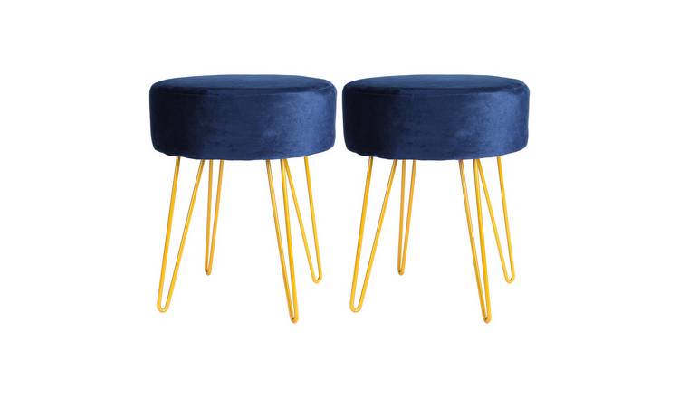 Harbour Housewares Round Velvet Footstool with Gold Legs Pack of 2 - Blue