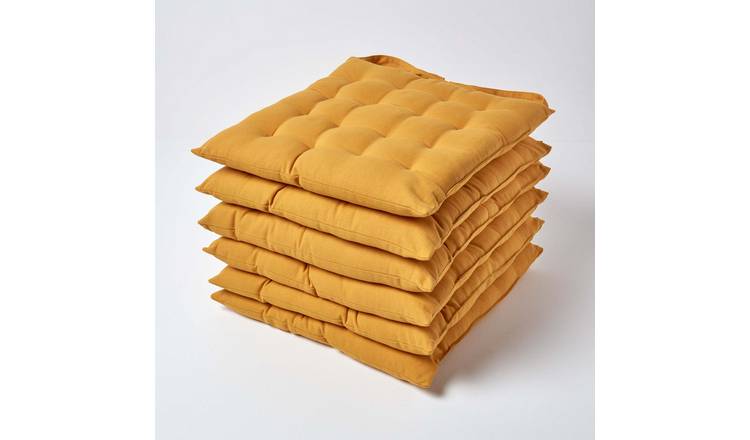 Homescapes Pack of 6 Cotton Seat Pad Chair Cushions - Mustard Yellow