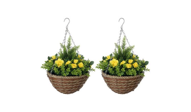 Outsunny Set of 2 Hanging Artificial Lisianthus Flowers with Basket - Yellow