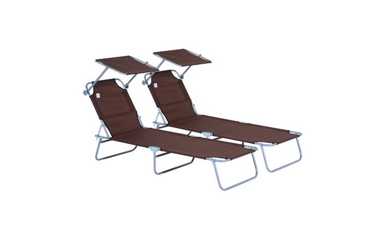 Outsunny Set of 2 Foldable 4 Position Sun Shade Sun Lounger - Brown