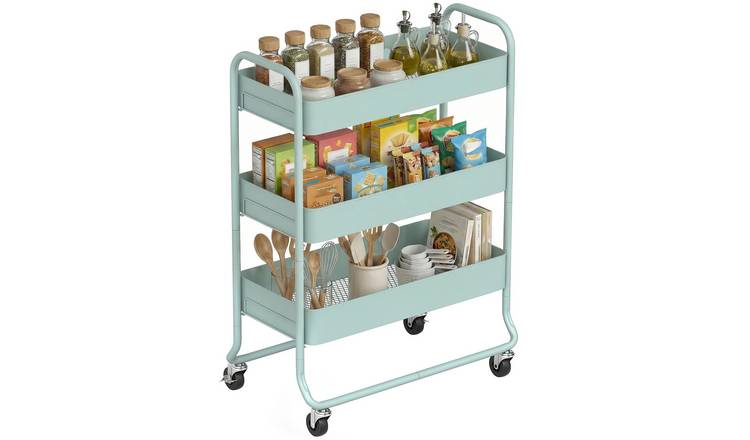 HOMCOM 3 Tier Metal Storage Trolley with Mesh Backets - Light Green
