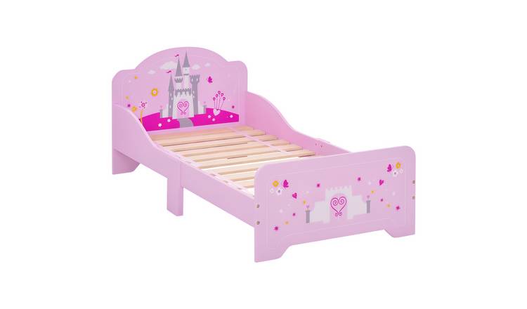HOMCOM Slatted Princess Castle Theme Wooden Kids Bed Frame - Pink