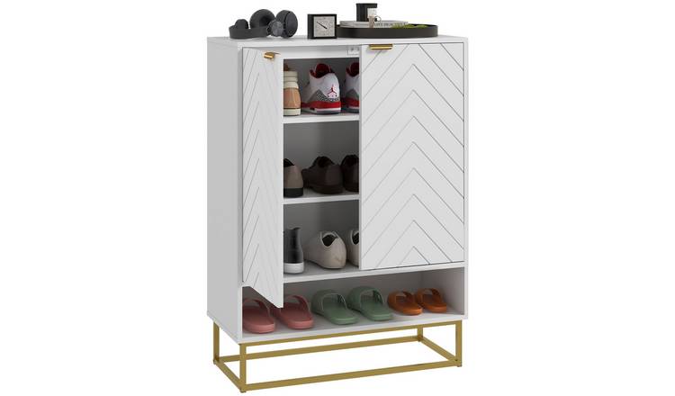 HOMCOM Striped Panel Shoe cabinet with 2 Chevron Doors- White
