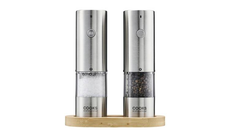 Cooks Professional Rechargeable Salt & Pepper Mill Set with Base - Silver
