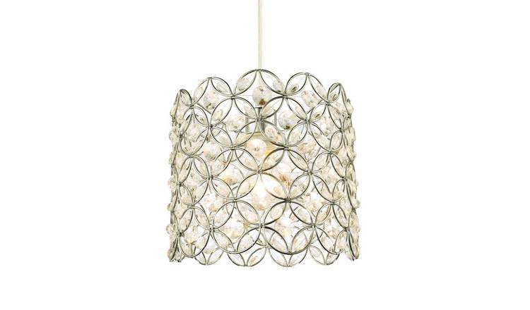 Happy Homewares Chrome Plated Drum with Clear Acrylic Beads Pendant Shade - 25cm