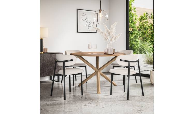Furniture Online Malvern Round Oak Effect Dining Table & 6 Myla Beige Chairs