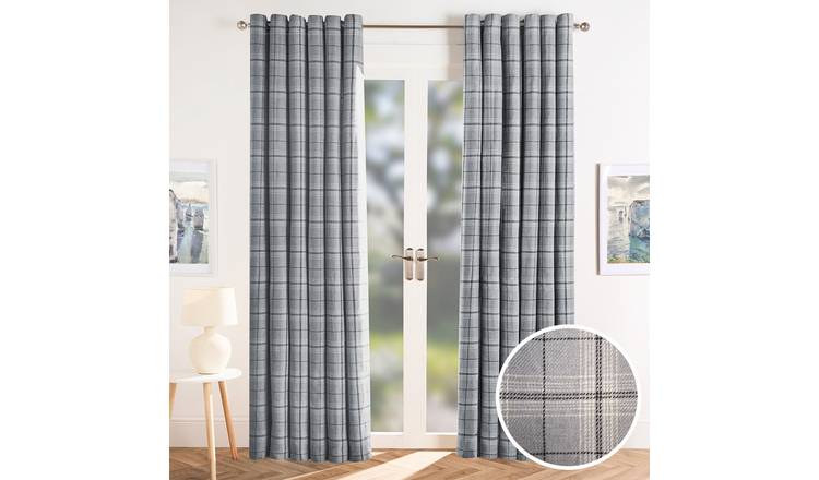 OHS Woven Check Eyelet Curtains 168 x 229cm - Grey