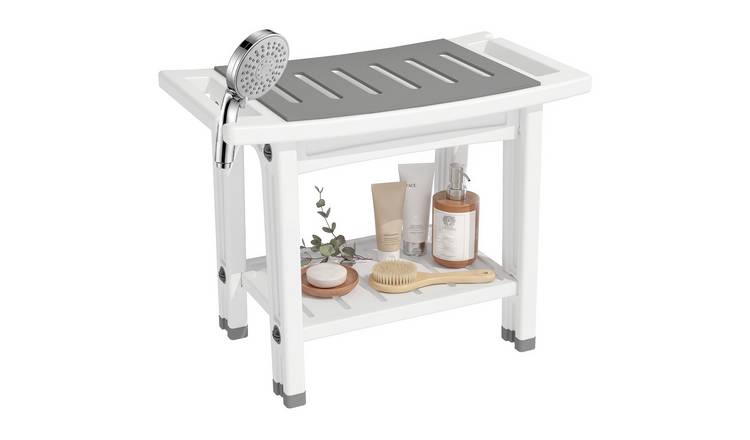 HOMCOM 2 Tier Slatted Shower Bench Storage Seat - White and Grey
