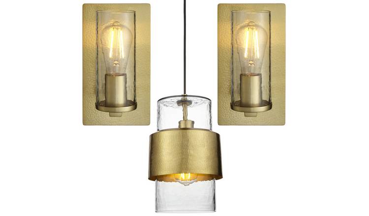 Loops Direct Steel and Glass Pendant and Wall Lights - Hammered Brass
