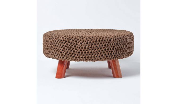 Homescapes Large Round Cotton Knitted Footstool with Legs – Chocolate Brown