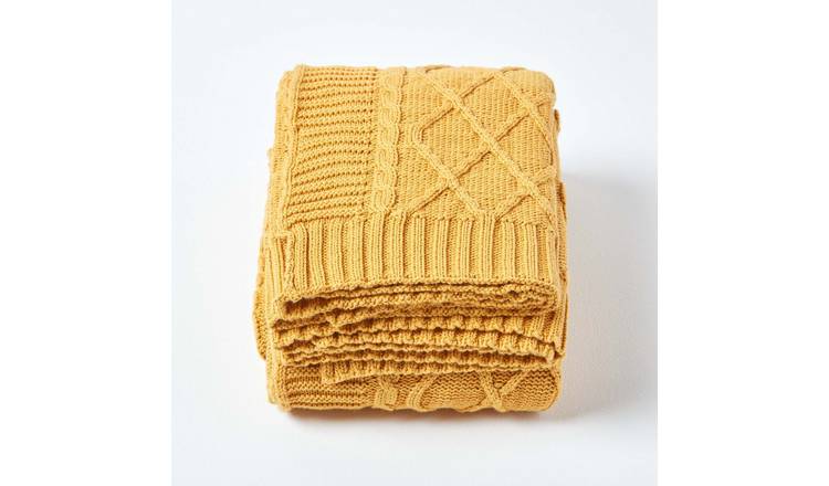 Homescapes Cotton Diamond Cable Knit Throw - 150 x 200 cm - Mustard