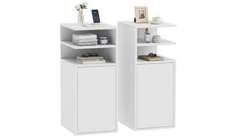 HOMCOM Set of 2 Slim Bedside Table with Open Cubbies and Cupboard - White