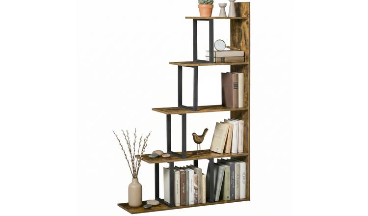 HOMCOM 5 Tier Industrial Ladder Storage Bookcase - Rustic Brown
