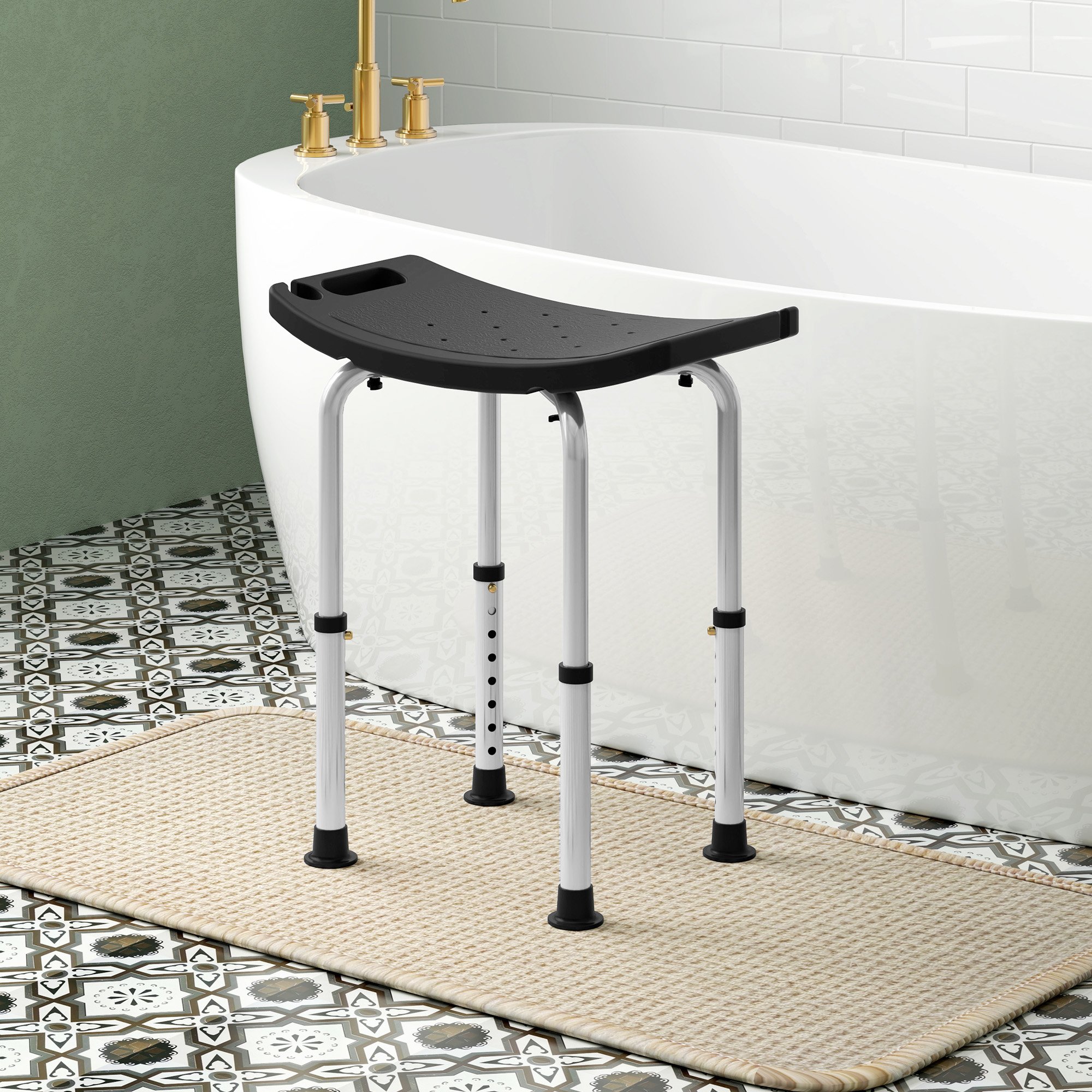 HOMCOM Height Adjustable Shower Stool with Aluminium Frame - Black - Image 2