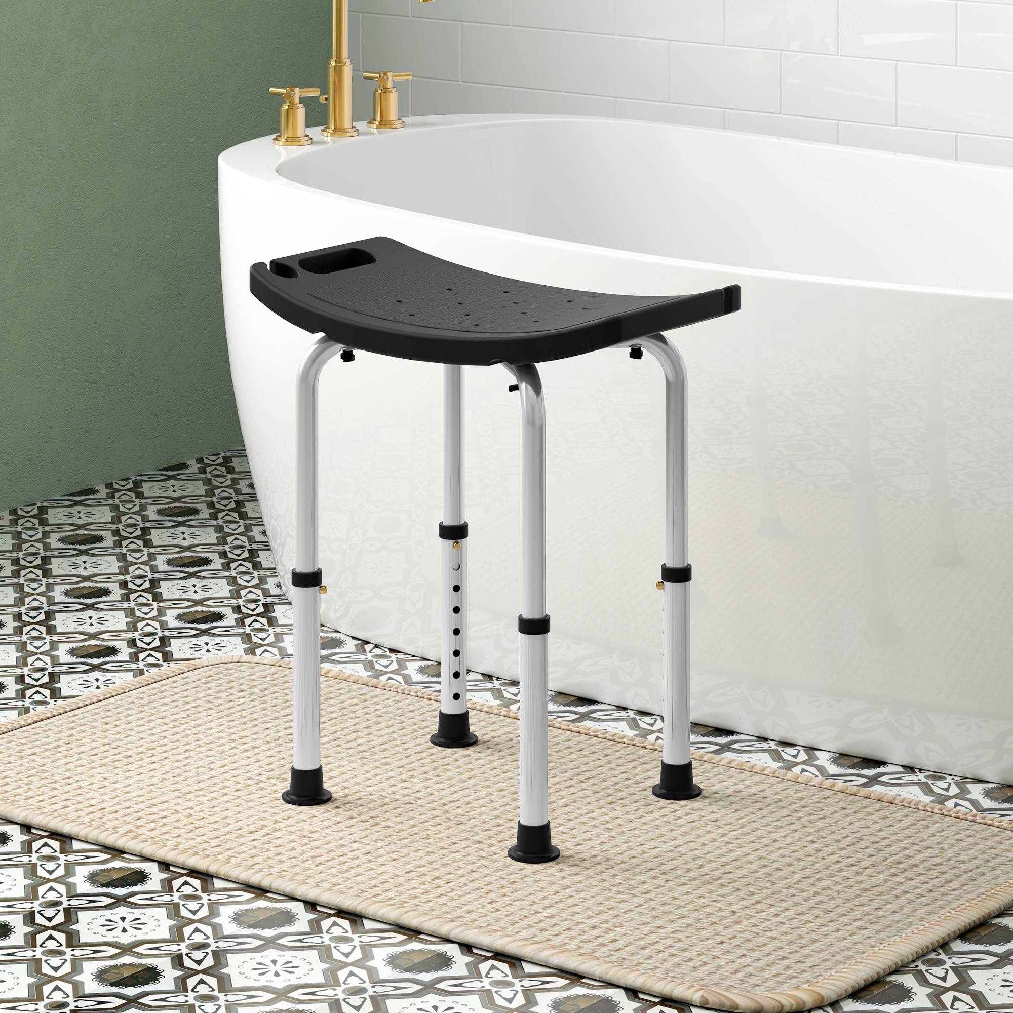 HOMCOM Height Adjustable Shower Stool with Aluminium Frame - Black - Image 2