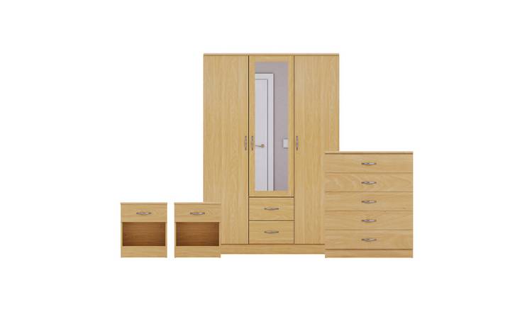 Vida Designs Riano Bedroom Set (Bedsides, 5 Drawer Chest, Mirror Wardrobe)  Pine