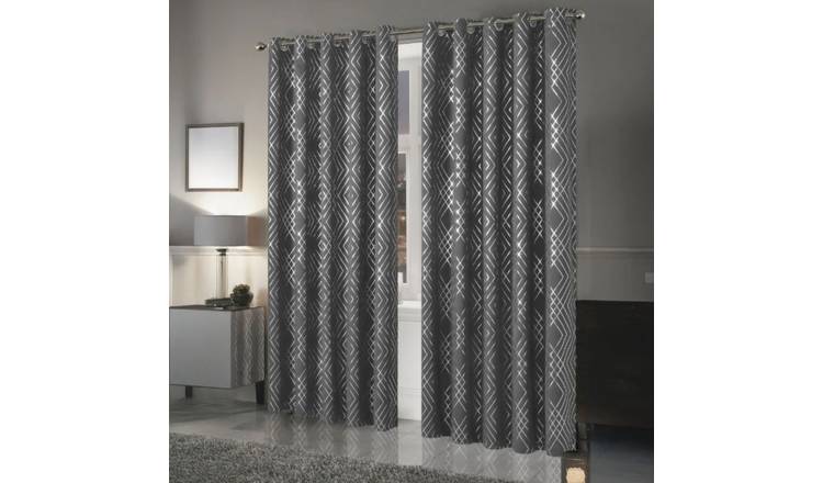 New Edge Blinds Silver Geo Sparkle Blackout Eyelet Curtains - 167cm x 183cm