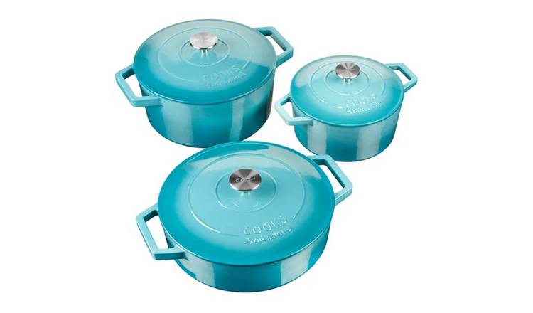 Cooks Professional Set of 3 Cast Iron Casserole - Teal