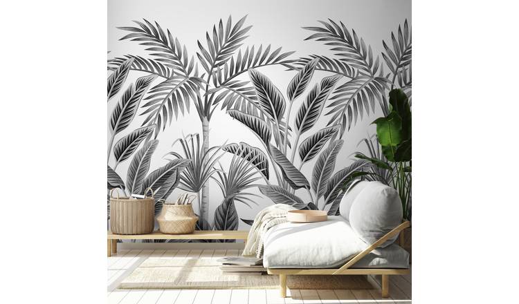 Grandeco Paysage Palm 3 Lane Repeatable Wallpaper Mural   - White
