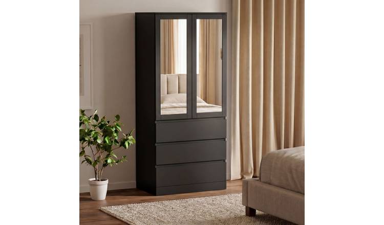 Vida Designs Denver 2 Door 3 Drawer Mirrored Wardrobe - Black