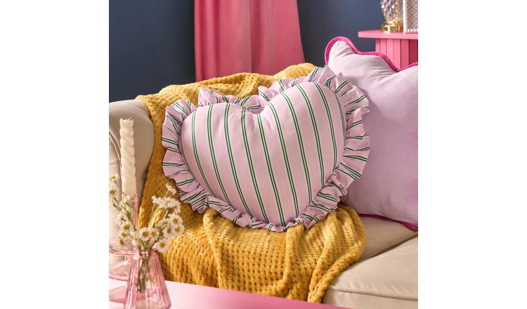 OHS Stripes Frill Heart Shaped Cushion - Pink/Green - 40cm