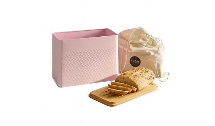 Cooks Professional Square Bread Bin, Linen Bag and Bamboo Board Set - Pink