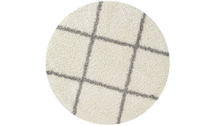 The Rugs Cream and Grey Moroccan Shaggy Diamond Round Rug - 120cm