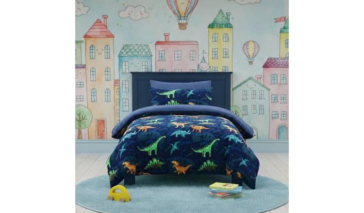 Snug City Dinosaur Kids Teddy Fleece Duvet Cover Set - Single - Blue