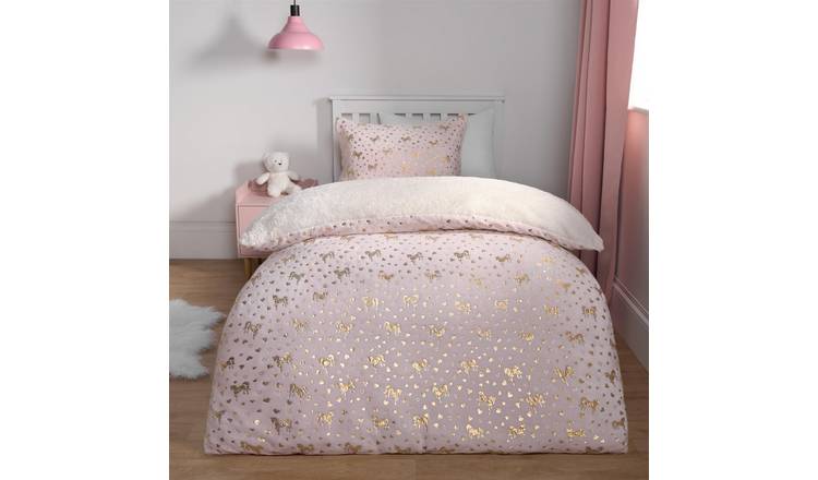 OHS Kids Metallic Heart Unicorn Fleece Duvet Cover Set Pink - Double