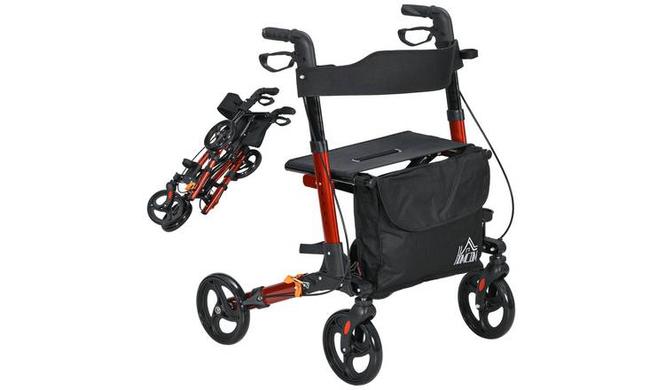 HOMCOM Adjustable Height Rollator Walker with Seat and Wheels - Red